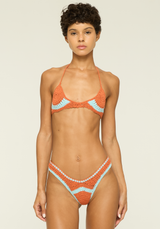 Saffira Bikini handmade cotton crochet triangle bikini in Citrus with Sky Blue detailing