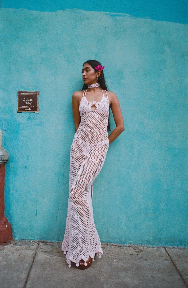 Canita Dress Soft Pink Cotton Crochet Maxi Dress