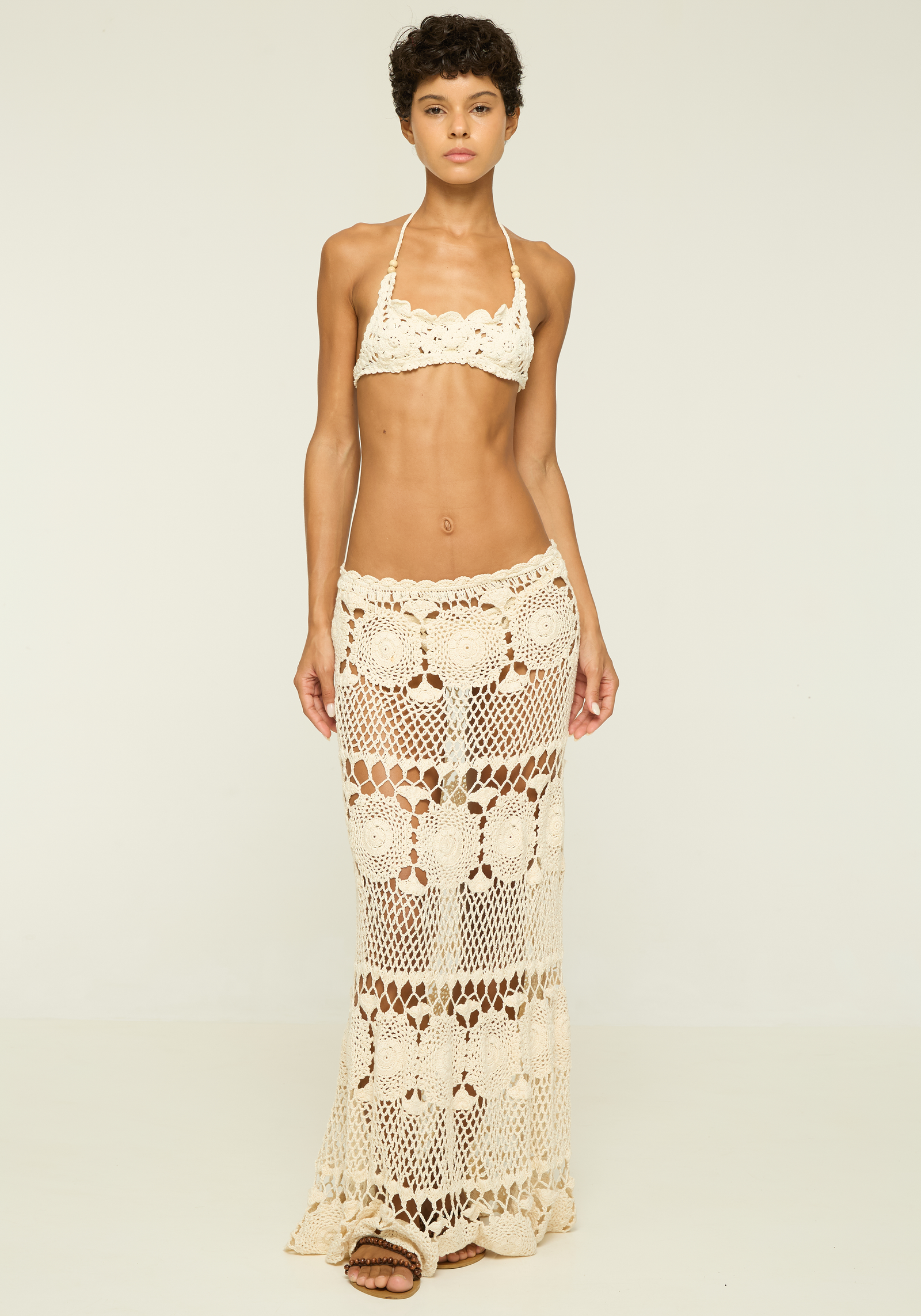 Sire Crochet Maxi Skirt Creme | Handmade Floral Skirt | akoiaswim