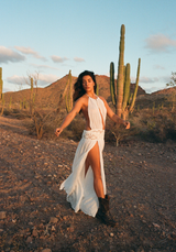 Model wearing the Loretta Dress white Lyocell maxi dress