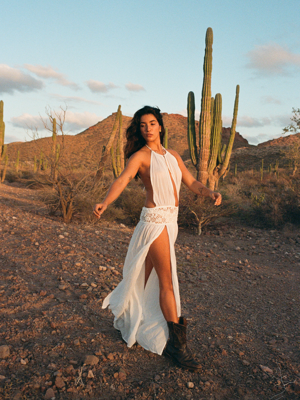 Model wearing the Loretta Dress white Lyocell maxi dress