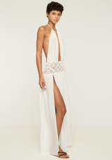 Side view of Loretta Dress with thigh-high split and halter neckline